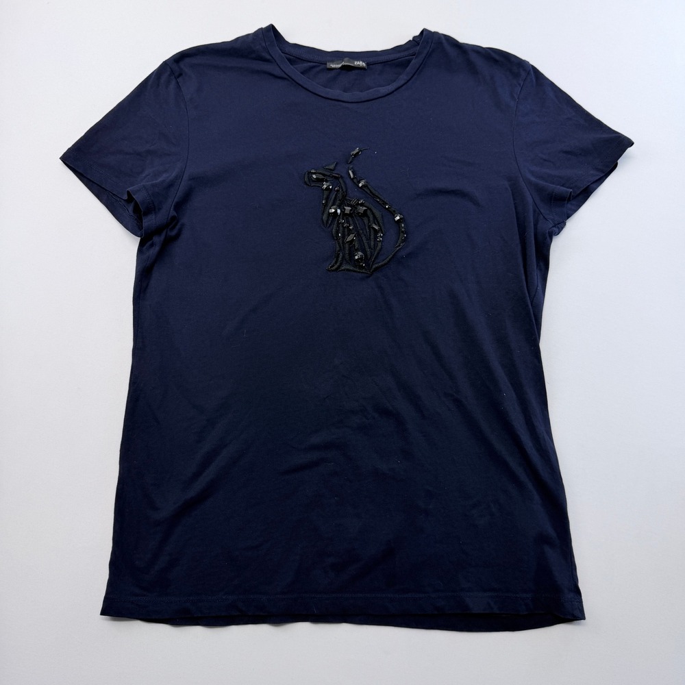 Zara Navy Blue Short Sleeve T-Shirt with Beaded Animal Graphic Size Medium